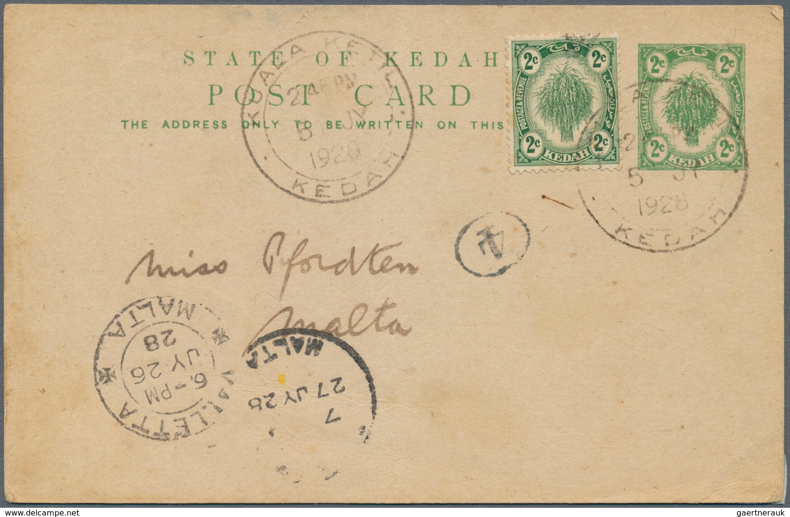 Malaiische Staaten - Kedah: 1928, 2 C Green Postal Stationery Card, Uprated With 2 C Dull Green From - Kedah