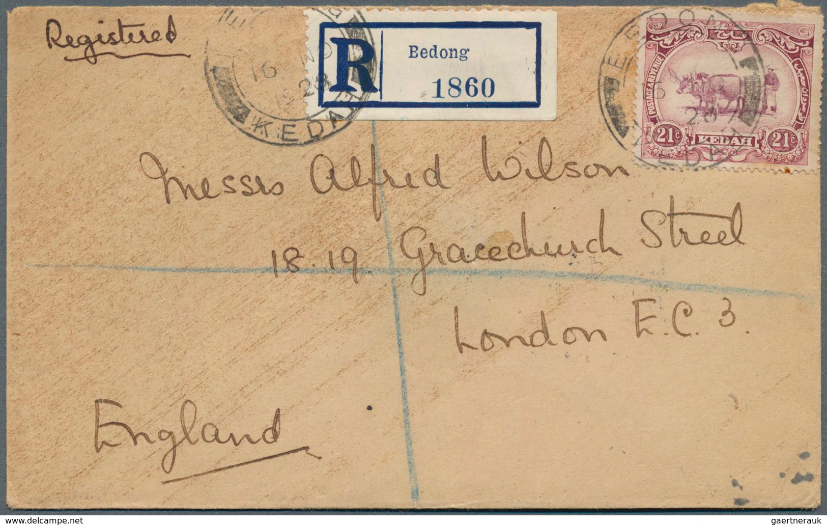 Malaiische Staaten - Kedah: 1928, 21 C. Tied "BEDONG KEDAH 16 NO 28" Ro Registered Cover To London, - Kedah