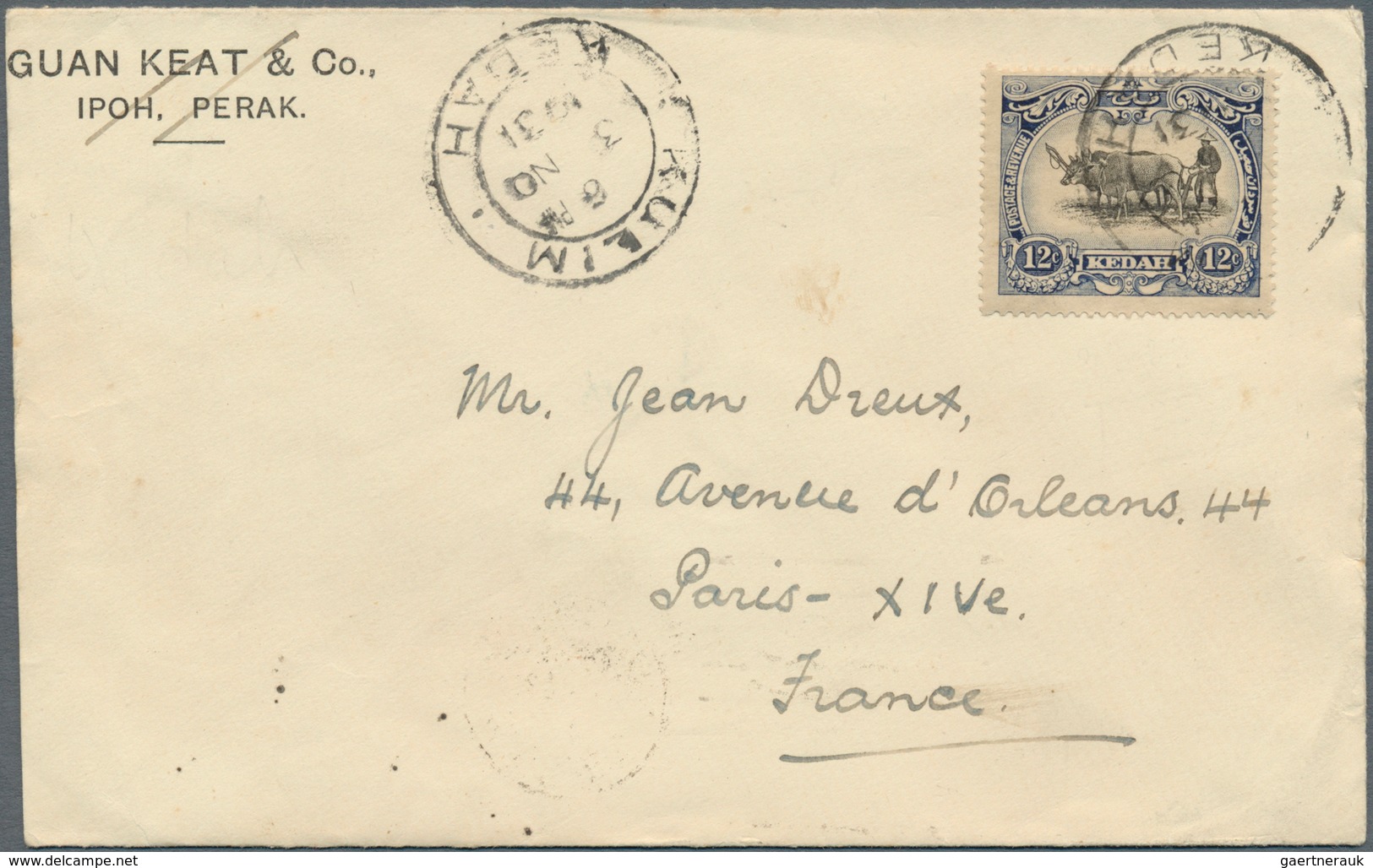 Malaiische Staaten - Kedah: 1931, 12 C Black And Indigo, Single Franking On Cover From KULIM, 3 NO 1 - Kedah