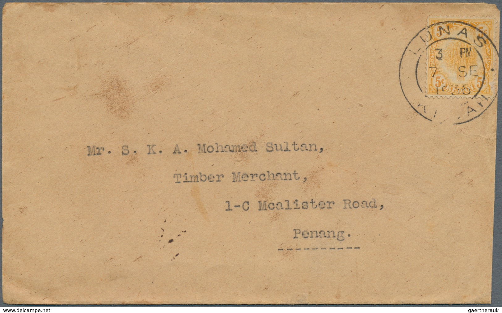 Malaiische Staaten - Kedah: 1936, 5 C Yellow, Single Franking On Cover With Cds LUNAS / KEDAH, 7 SE - Kedah