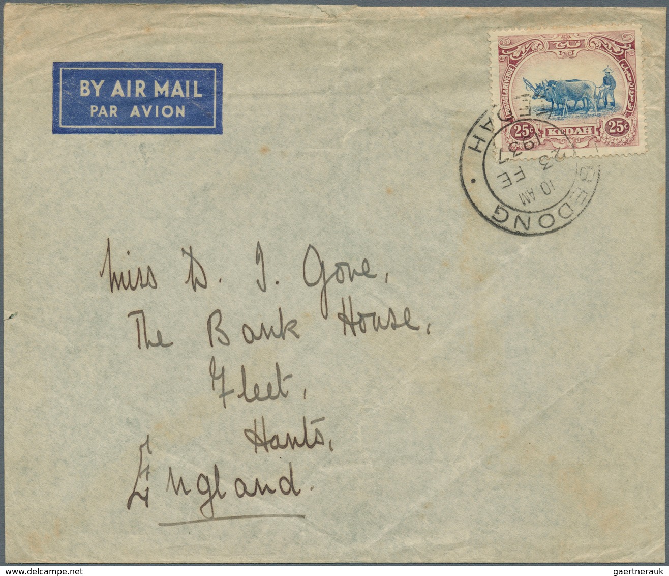 Malaiische Staaten - Kedah: 1937, 25 C Blue And Purple, Single Franking On Airmail Cover From BEDONG - Kedah