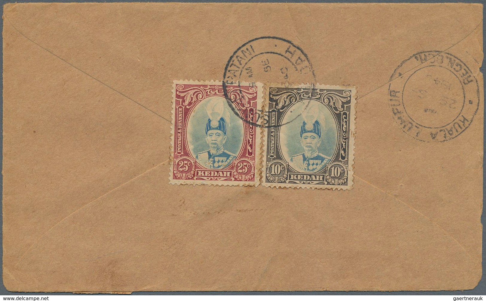 Malaiische Staaten - Kedah: 1940, 10 C Ultramarine/sepia And 25 C Ultramarine/purple, Mixed Franking - Kedah