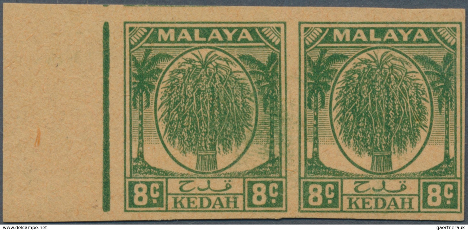 Malaiische Staaten - Kedah: 1950 (ca.), Sheaf Of Rice 8c. Dark Green Imperforate PLATE PROOF Pair Fr - Kedah