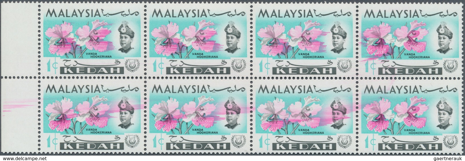 Malaiische Staaten - Kedah: 1965, Orchids, 1c. "Vanda Hookeriana", Left Marginal Block Of Eight, All - Kedah
