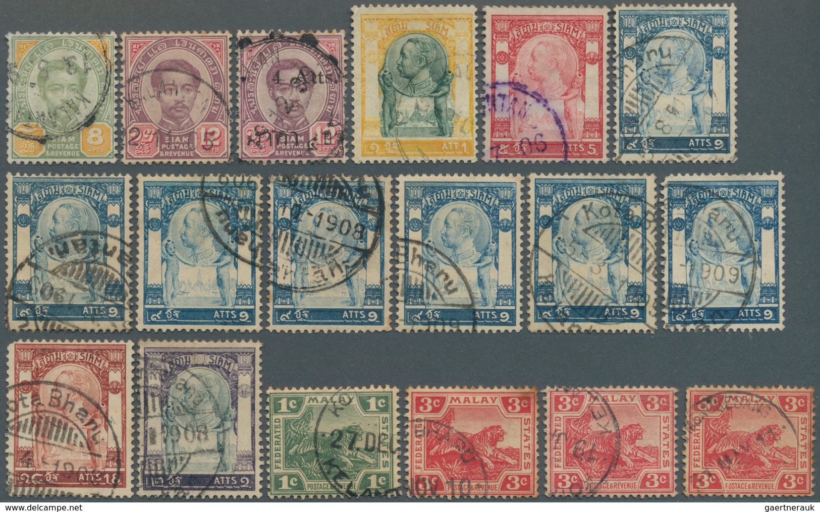 Malaiische Staaten - Kelantan: 1887-1911 Group Of 14 Stamps From SIAM And Four Stamps Of Fed. Malay - Kelantan