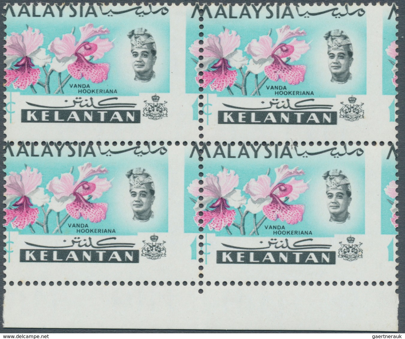 Malaiische Staaten - Kelantan: 1965, Orchids 1c. 'Vanda Hookeriana' Block Of Four From Lower Margin - Kelantan