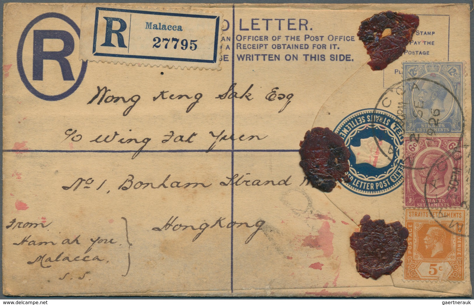 Malaiische Staaten - Malakka: 1912 Postal Stationery Registered Envelope KGV. 10c. Of Straits Settle - Malacca