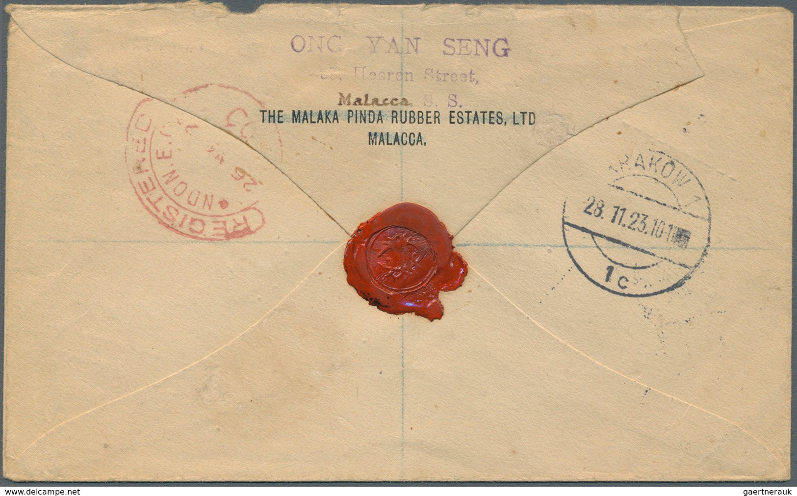 Malaiische Staaten - Malakka: 1923 Destination POLAND: Registered Cover From Malacca To Krakow, Pola - Malacca