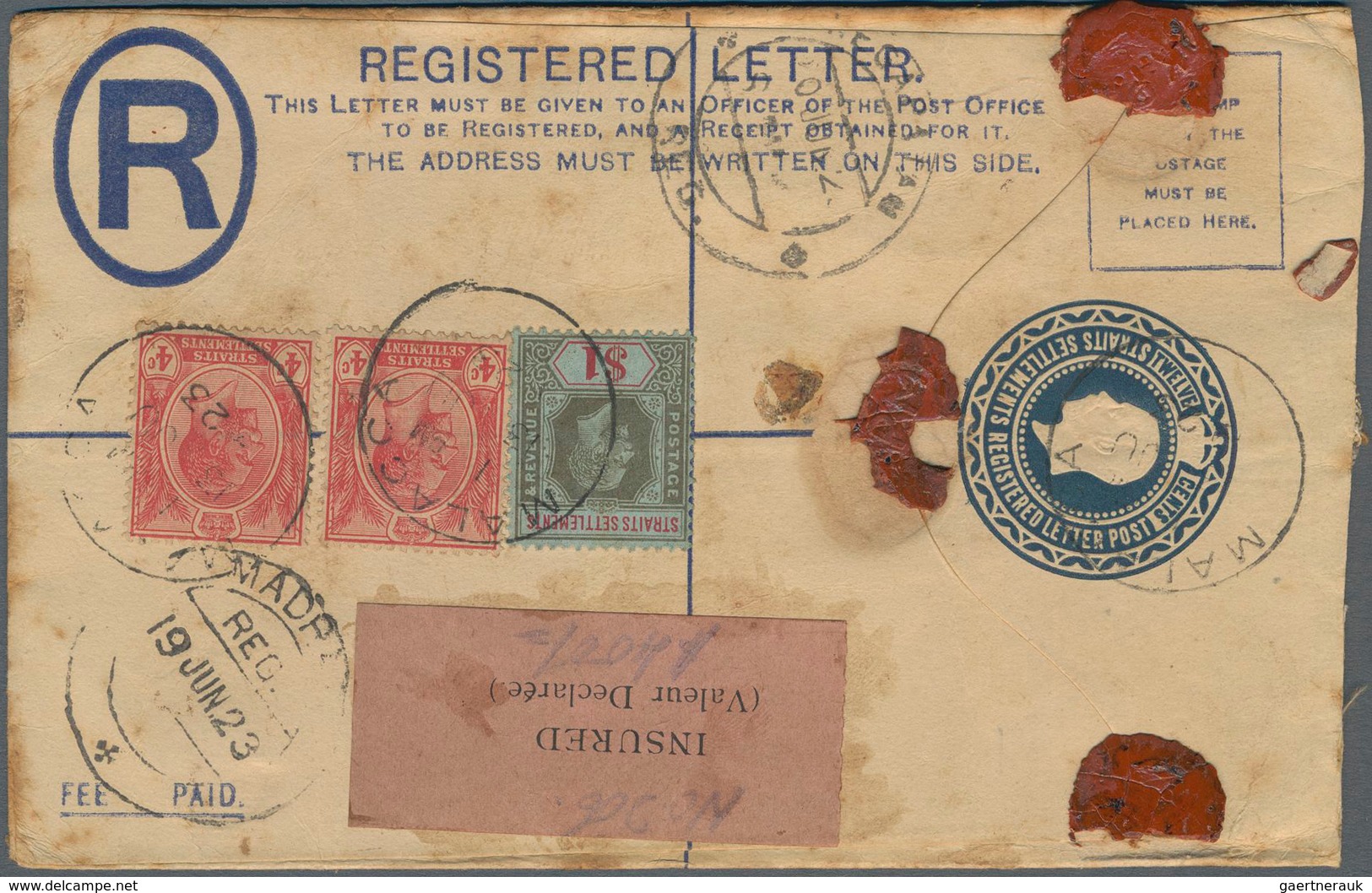 Malaiische Staaten - Malakka: 1923 Insured (for $400) Postal Stationery Registered Envelope Used Wit - Malacca