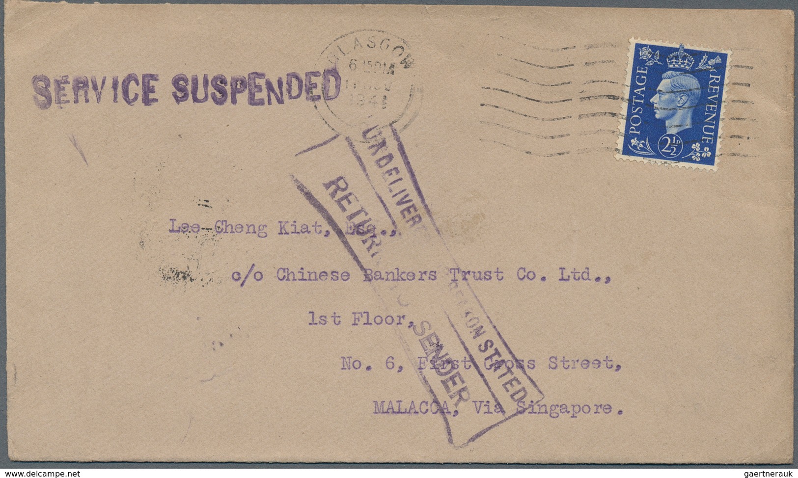 Malaiische Staaten - Malakka: Japanese Occupation, 1941 (11 Nov.), Incoming Surface Mail Cover FromG - Malacca