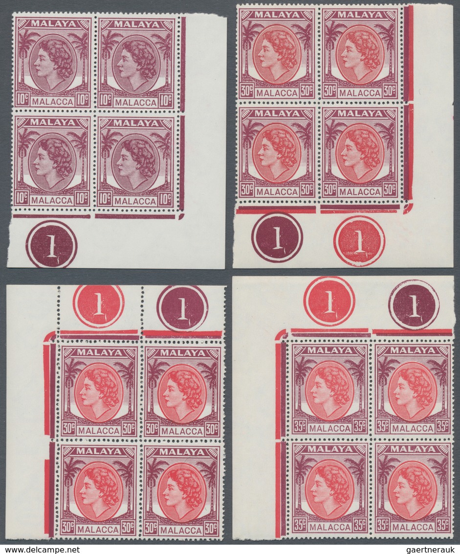 Malaiische Staaten - Malakka: 1954, QEII, 2c., 4c., 5c., 10c., 30c. And 35c., Ten Marginal Block Of - Malacca