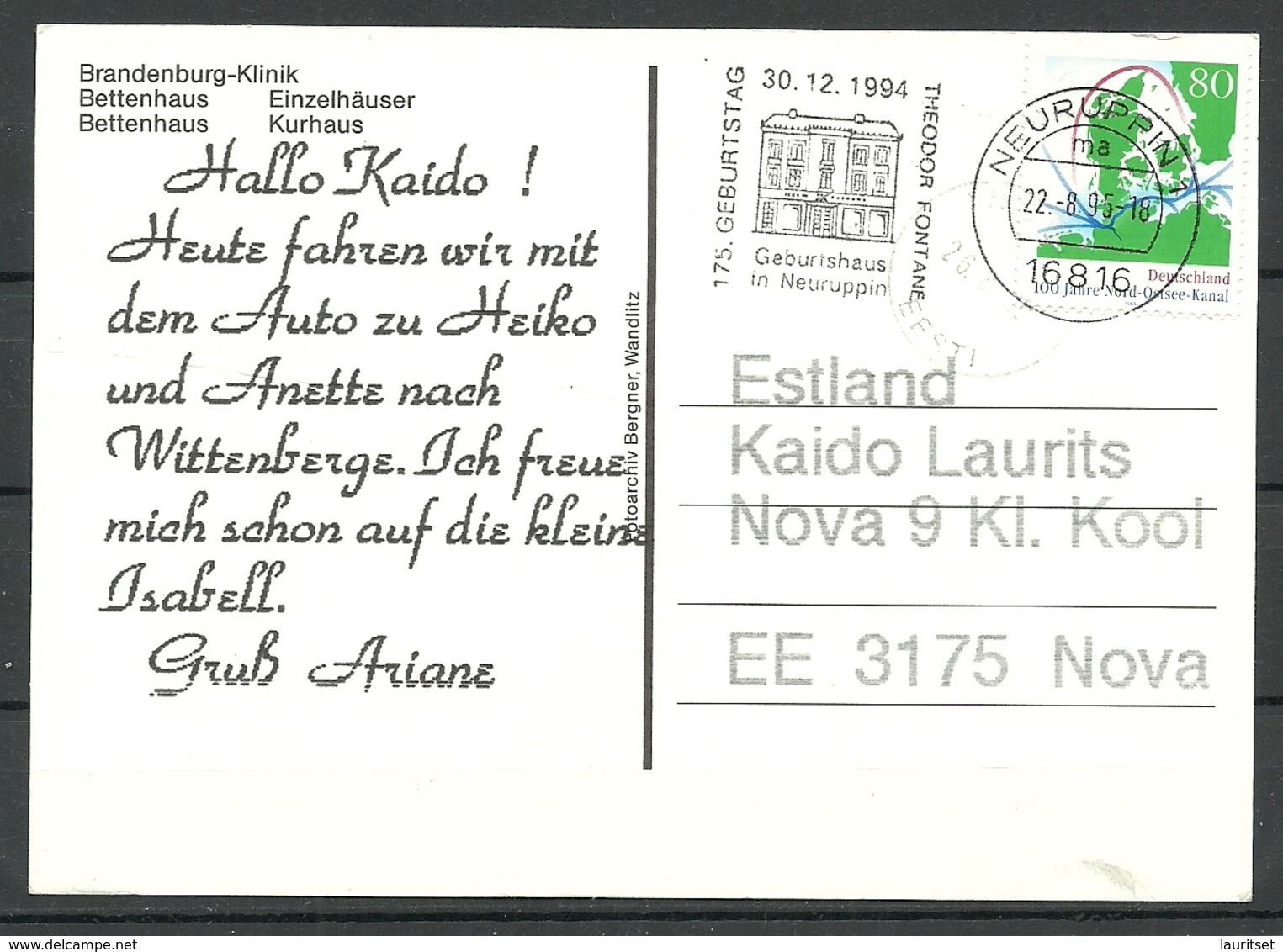 Deutschland Ansichtskarte Brandenburg Klinik 1994 Nach Estland Gesendet, Mit Briefmarke - Brandenburg