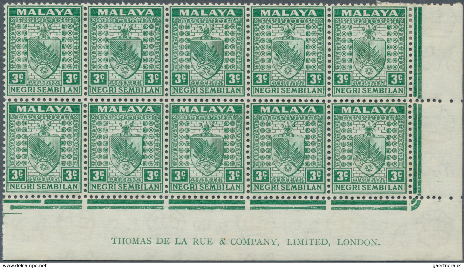 Malaiische Staaten - Negri Sembilan: 1941, 3c. Green, Marginal Block Of Ten (slight Toning) From The - Negri Sembilan