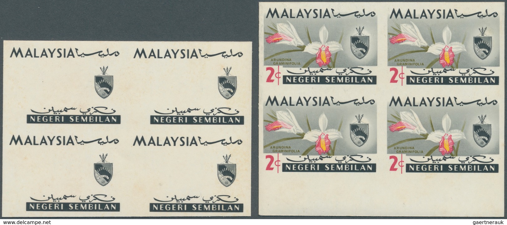 Malaiische Staaten - Negri Sembilan: 1965, Orchids Imperforate PROOF Block Of Four With Black Printi - Negri Sembilan