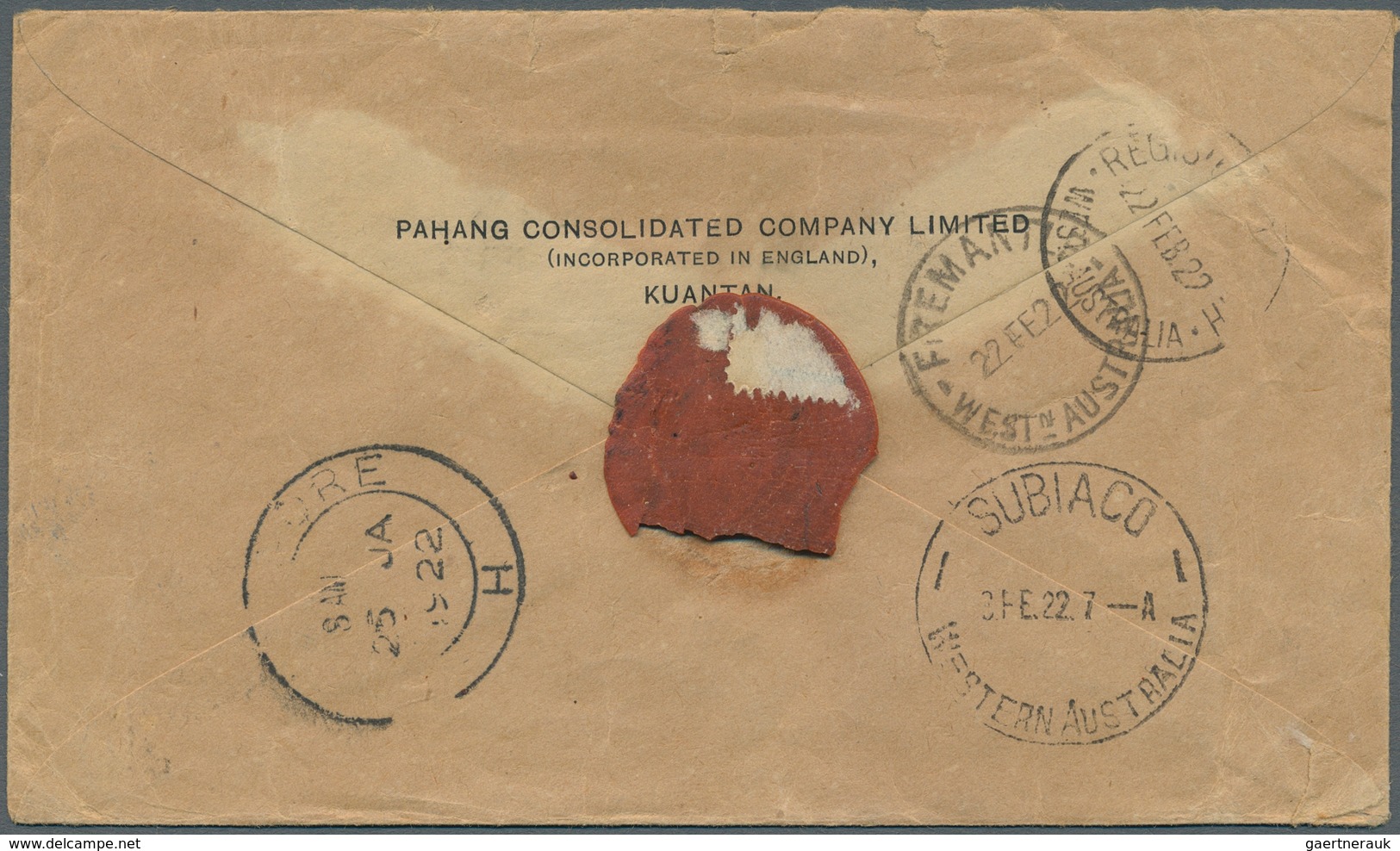 Malaiische Staaten - Pahang: 1922 KUANTAN: Registered 'Pahang Consolidated Company Ltd.' Envelope Us - Pahang