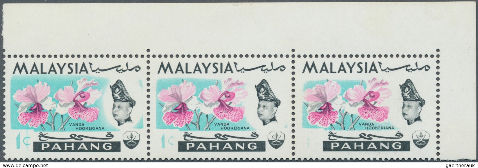 Malaiische Staaten - Pahang: 1965, Orchids 1c. 'Vanda Hookeriana' Horizontal Strip Of Three From Upp - Pahang