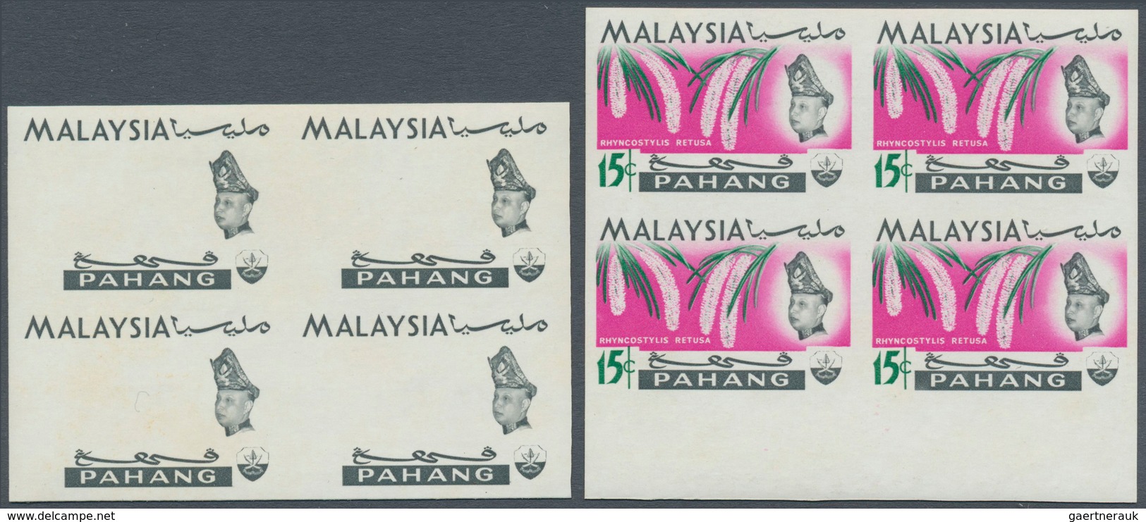 Malaiische Staaten - Pahang: 1965, Orchids Imperforate PROOF Block Of Four With Black Printing Only - Pahang