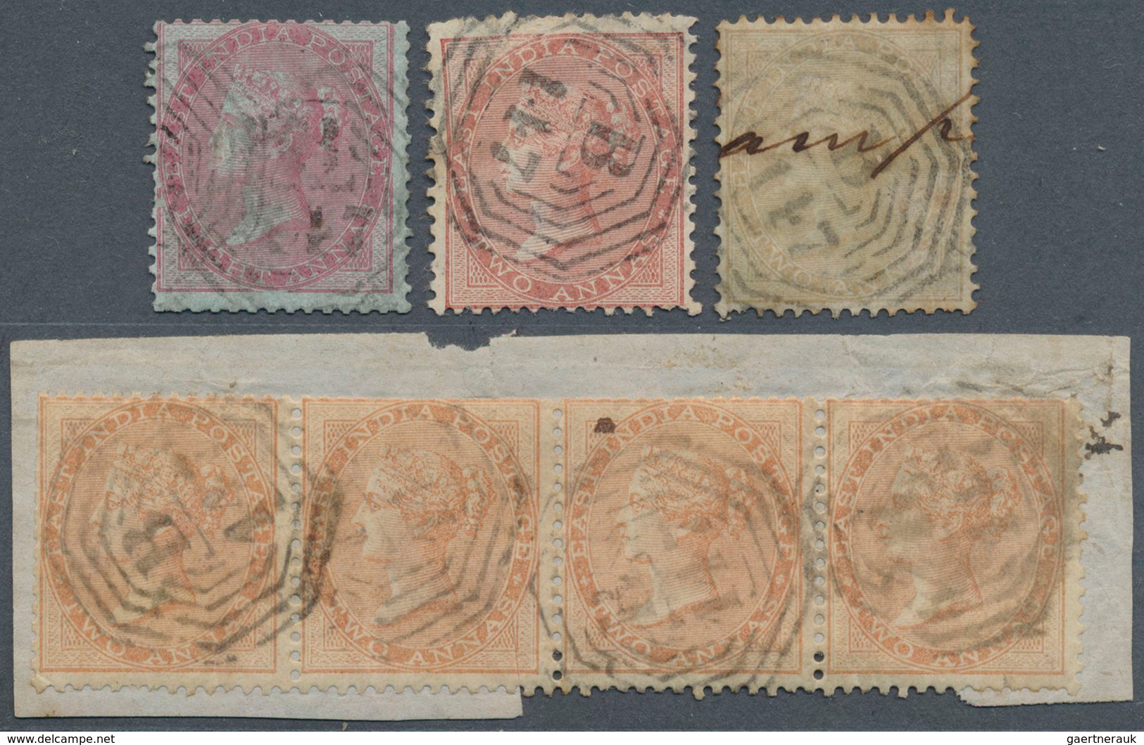 Malaiische Staaten - Penang: 1855-64: Seven QV Stamps Of India Used In Penang And Cancelled By Octag - Penang