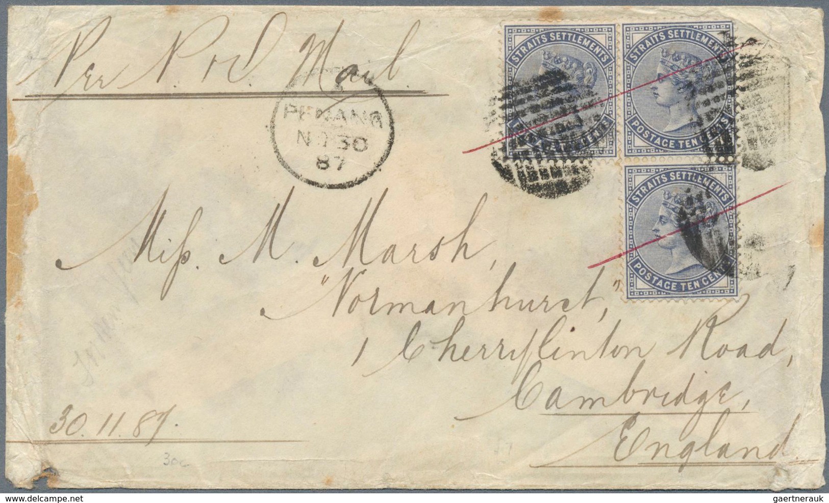 Malaiische Staaten - Penang: 1887, 10c. Slate, Three Copies On Cover To Cambridge/England, Oblit. By - Penang