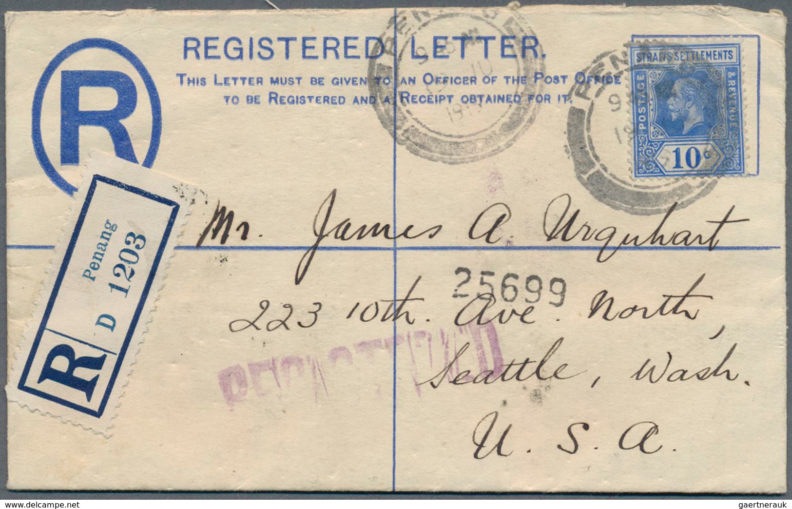 Malaiische Staaten - Penang: 1916,1919, Cover To USA Franked With Vertical Pair 4 C. KGV And 10 C. R - Penang