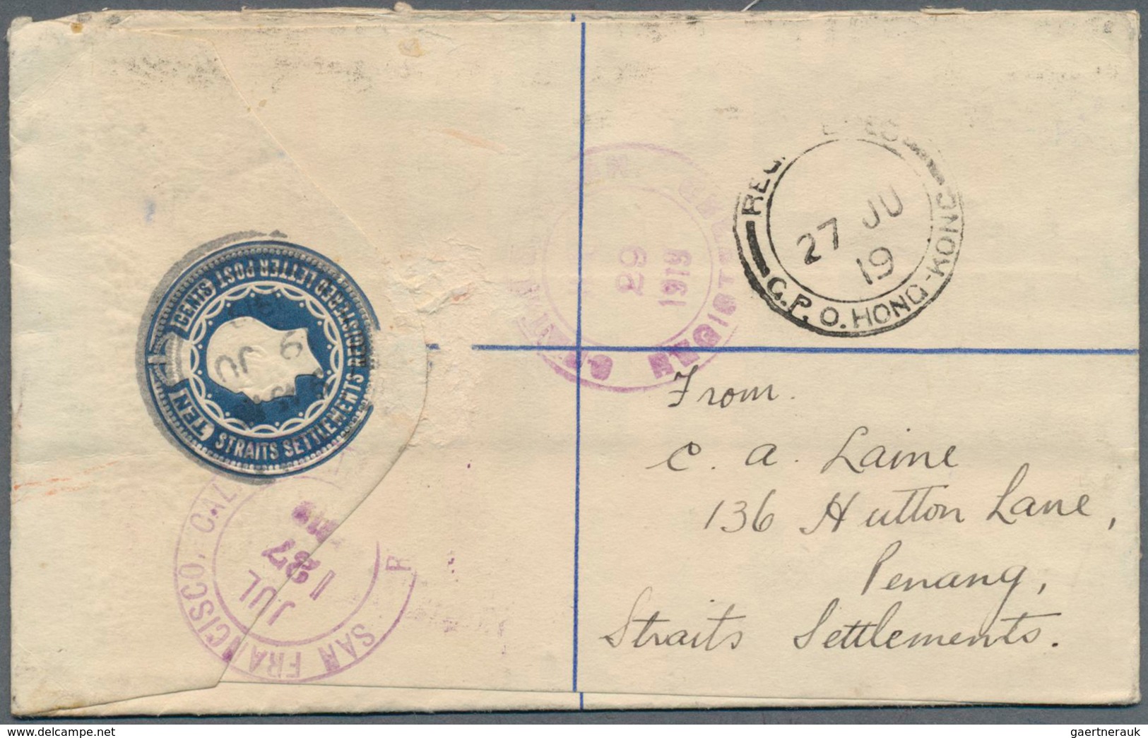 Malaiische Staaten - Penang: 1916,1919, Cover To USA Franked With Vertical Pair 4 C. KGV And 10 C. R - Penang