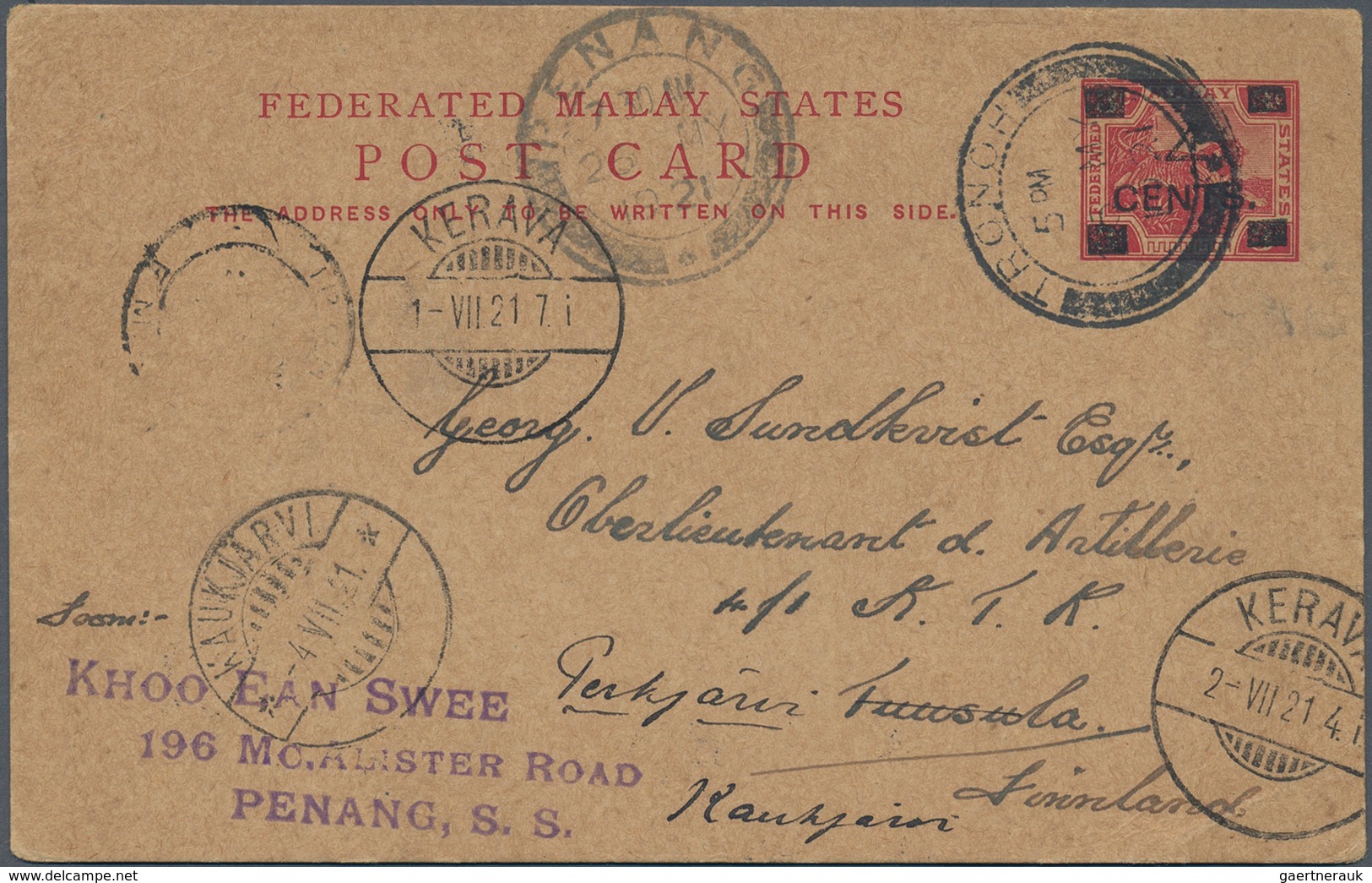 Malaiische Staaten - Penang: 1921 Destination FINLAND: Postal Stationery Card 4c. On 3c. Of Fed. Mal - Penang