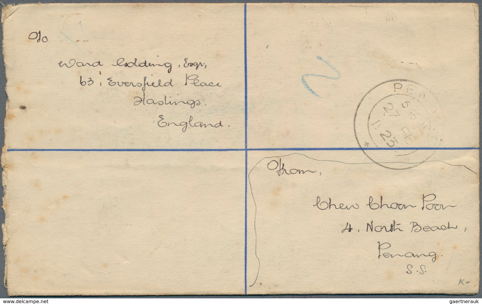 Malaiische Staaten - Penang: 1923 (27.2.), Straits Settlements Registered Letter KGV 10c. Blue Uprat - Penang