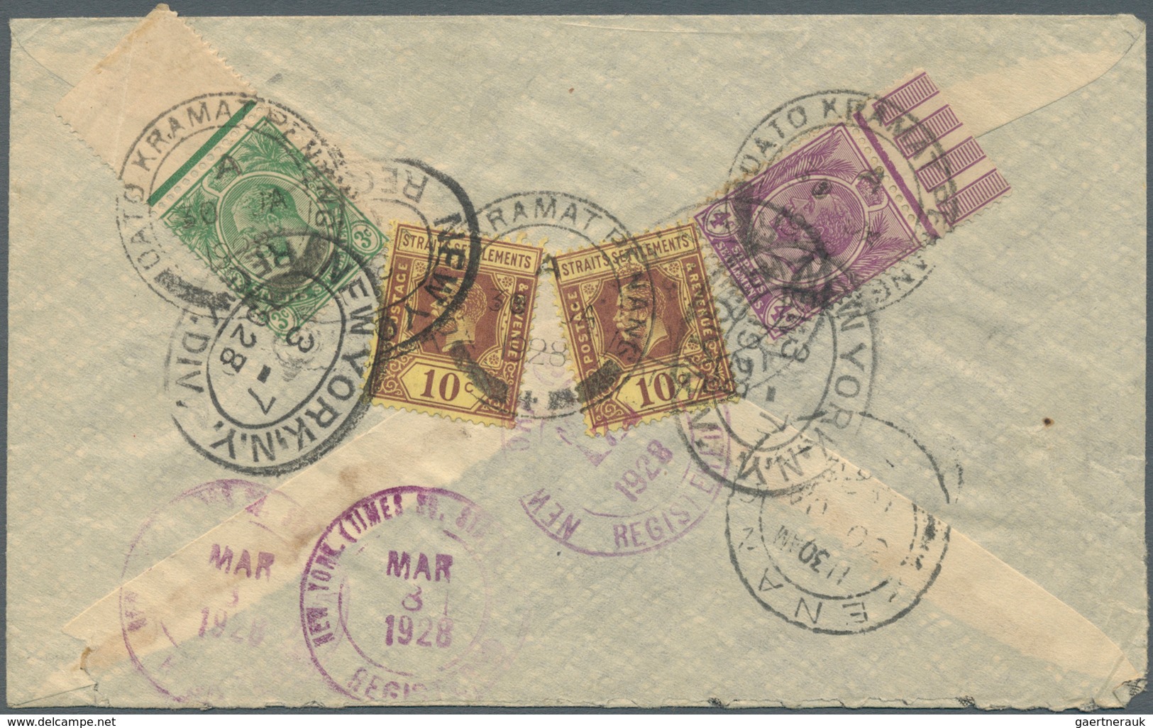 Malaiische Staaten - Penang: 1928 DATO KRAMAT: Registered Cover To New York City Franked On The Reve - Penang