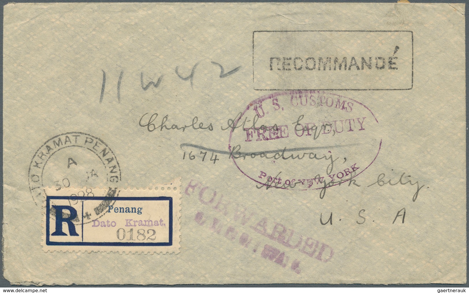 Malaiische Staaten - Penang: 1928 DATO KRAMAT: Registered Cover To New York City Franked On The Reve - Penang
