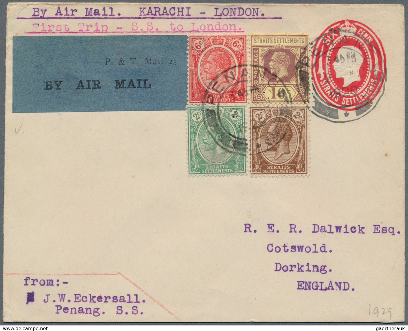 Malaiische Staaten - Penang: 1929 (2.8.), Straits Settlements Stat. Envelope KGV 6c. Red Embossed Ov - Penang