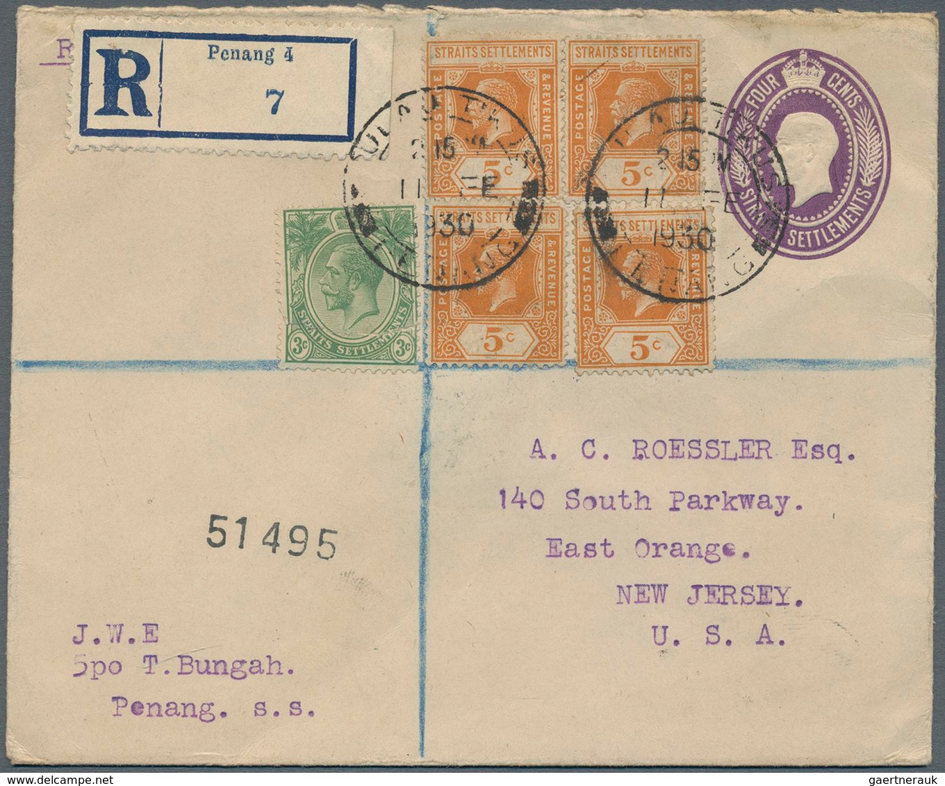 Malaiische Staaten - Penang: 1930, Uprated Stationery Envelope 4c. Violet (E1), 3c. Green Faulty, Re - Penang