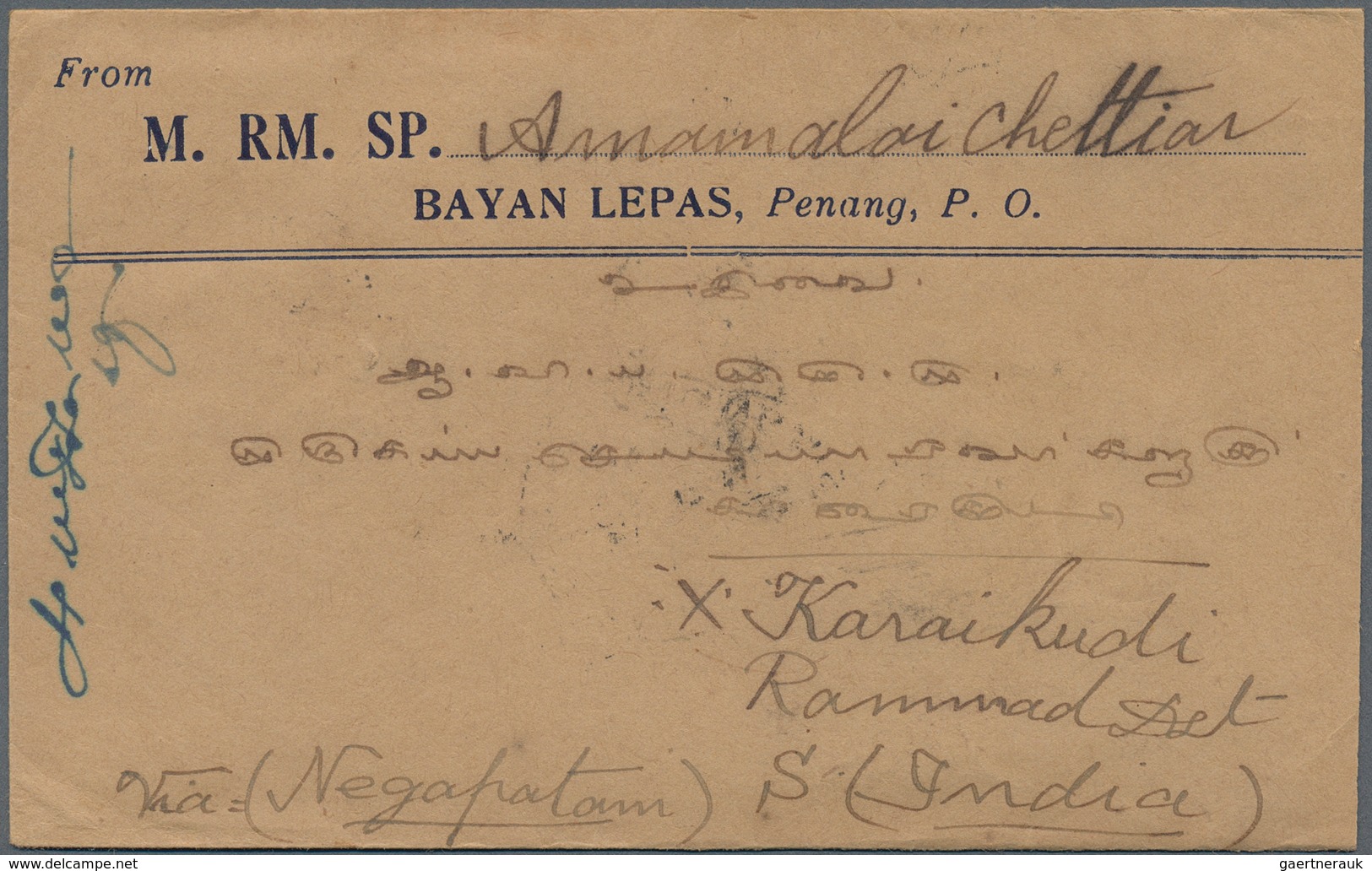 Malaiische Staaten - Penang: 1931, BAYAN LEPAS: Incoming Unfranked Cover From India Addressed To Bay - Penang