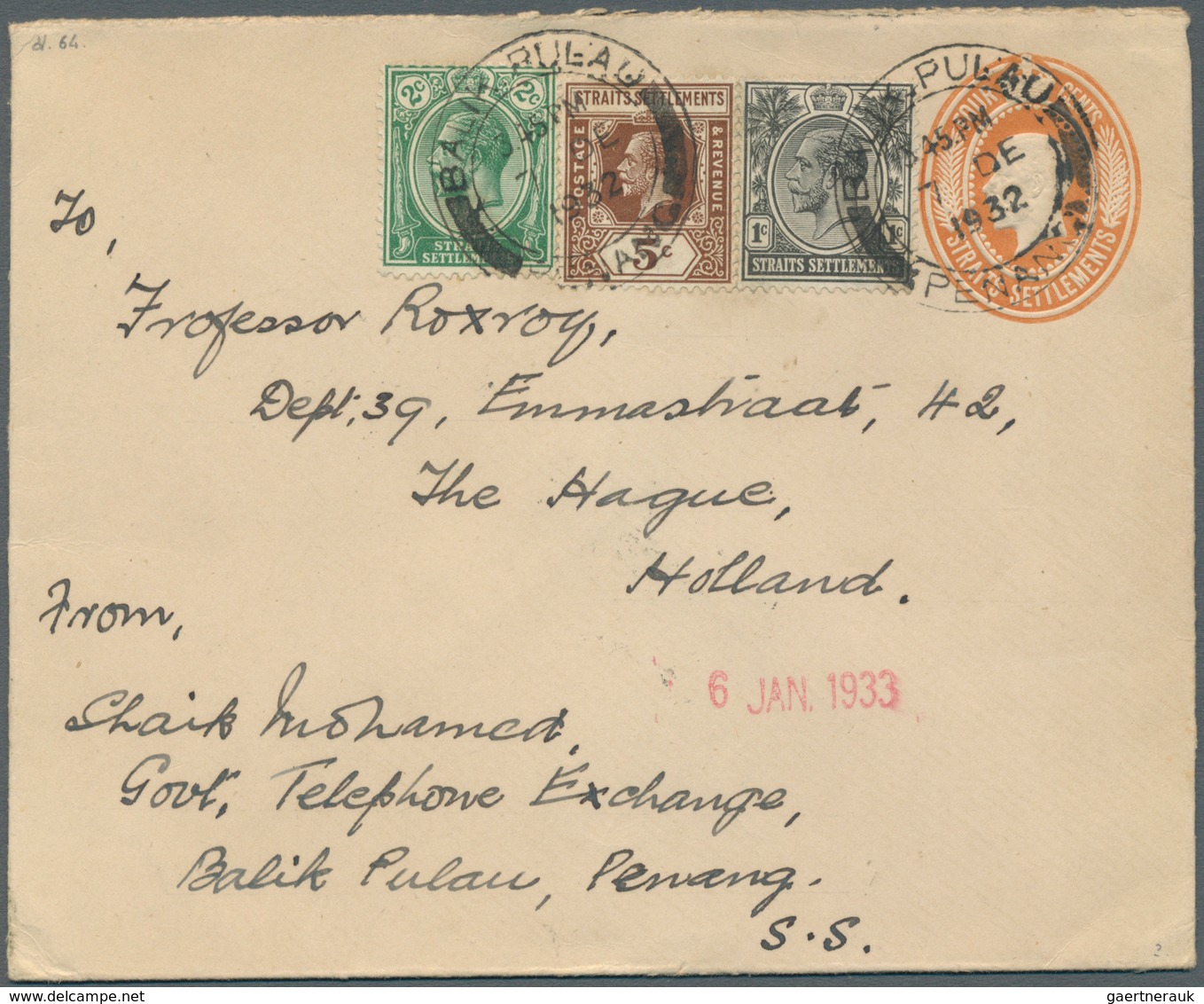 Malaiische Staaten - Penang: 1932, Postal Stationery Envelope 5c. Orange Of Straits Used From Balik - Penang