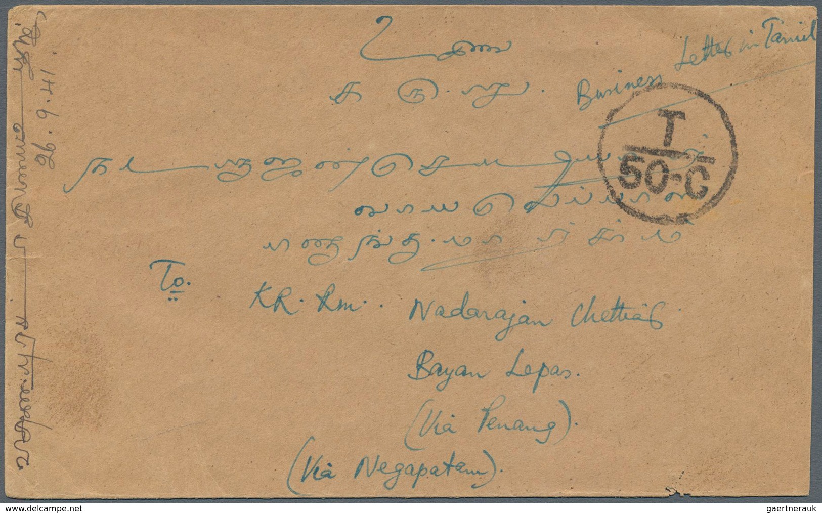 Malaiische Staaten - Penang: 1941, Incoming Unpaid Cover From "DEVAKOTTAI 4 SEP 41" (India) To Bayan - Penang