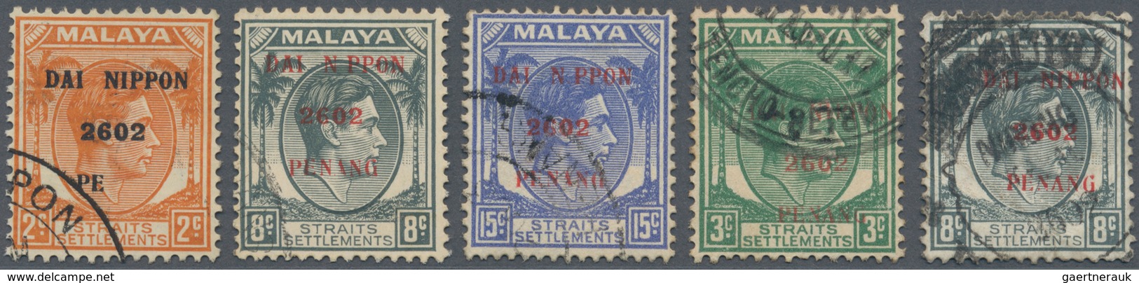 Malaiische Staaten - Penang: Japanese Occupation, 1942, Selection Of Ovpt. Varieties: 1 C. With "PE" - Penang