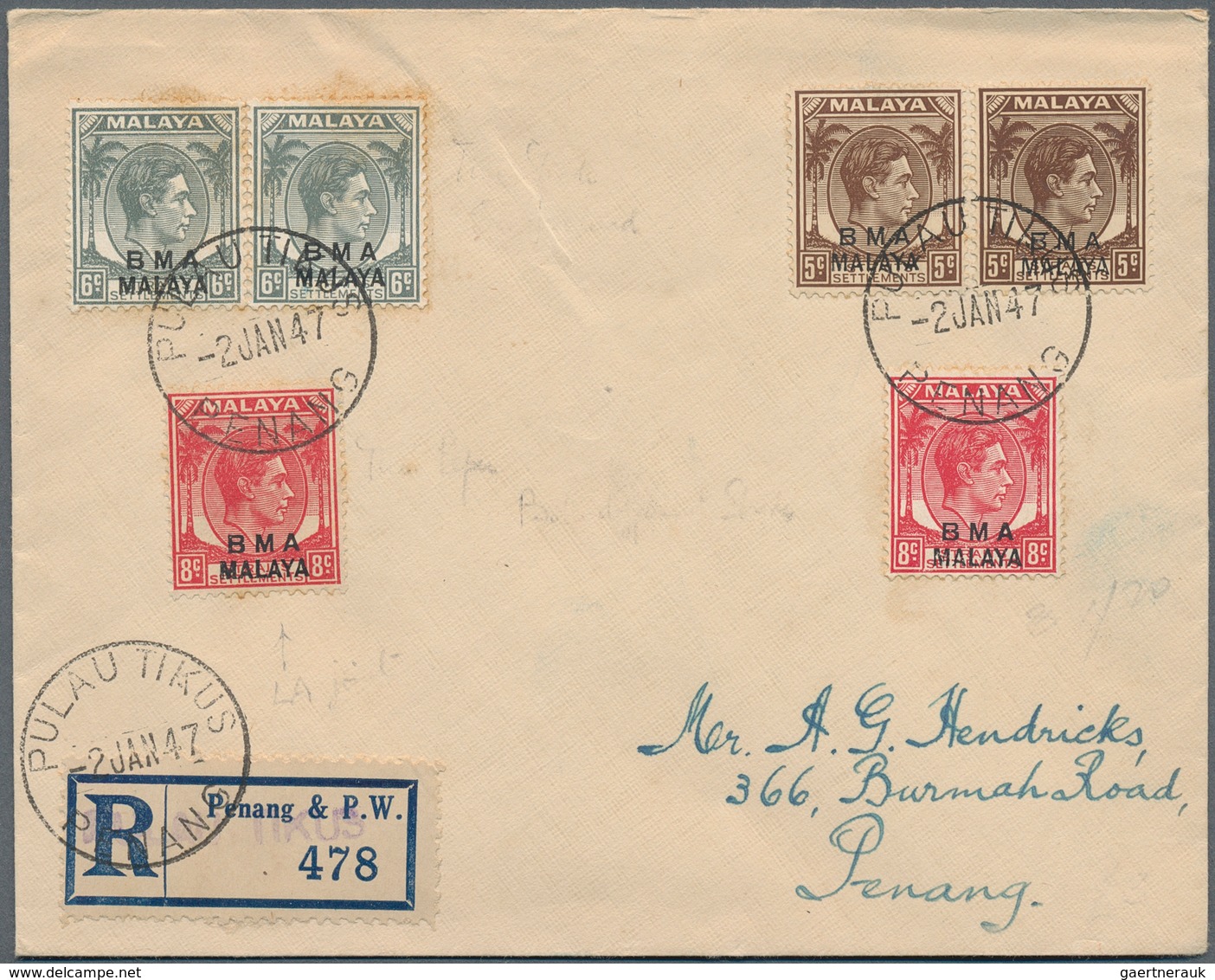 Malaiische Staaten - Penang: 1947 (2.1.), Registered Local Cover Bearing Six Optd. KGVI Heads 5c. Br - Penang