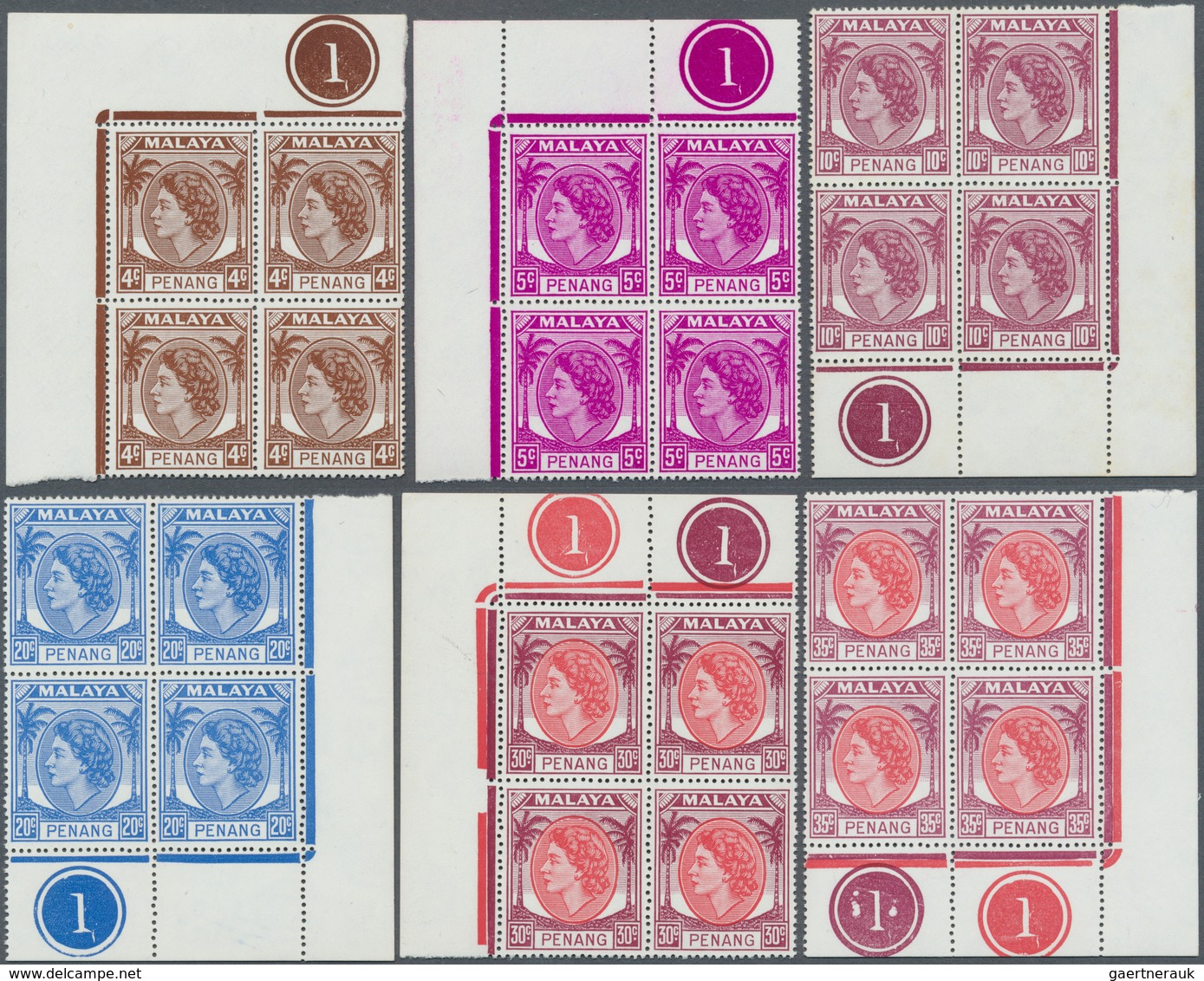 Malaiische Staaten - Penang: 1954, QEII, 4c., 5c., 10c., 20c., 30c. And 35c. (2), Seven Marginal Blo - Penang