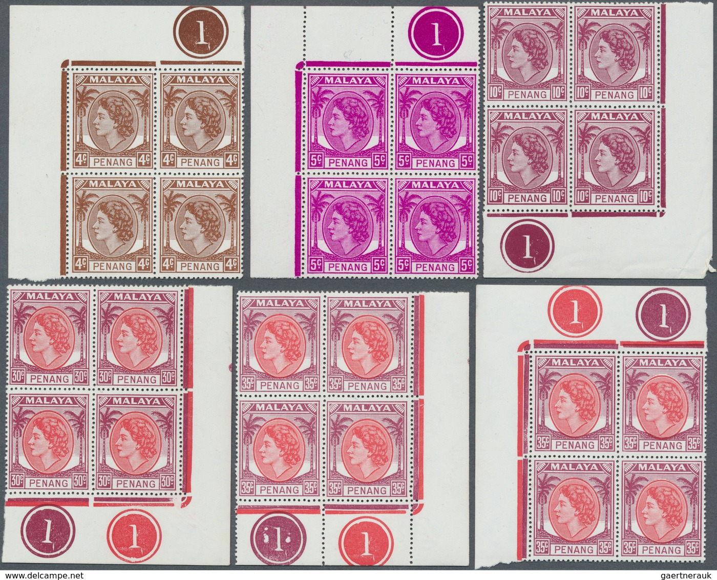 Malaiische Staaten - Penang: 1954, QEII, 4c., 5c., 10c., 25c., 30c. And 35c. (2), Seven Marginal Blo - Penang