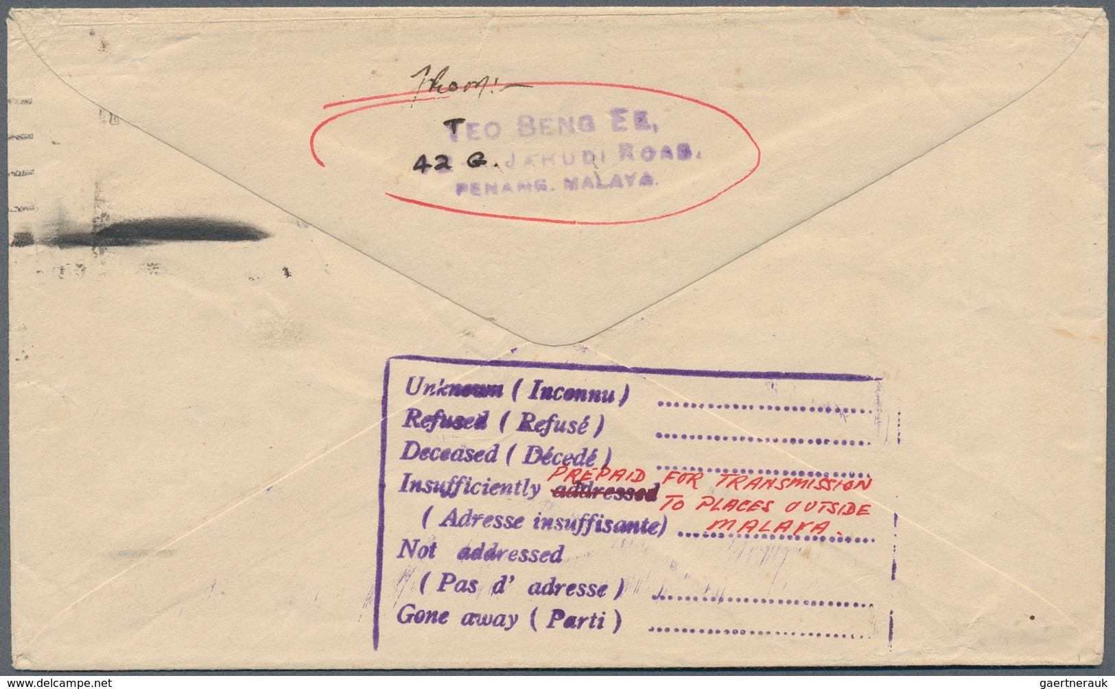 Malaiische Staaten - Penang: 1955 (17.4.), KGVI 3c. Green Vert. Pair Used On Cover From PENANG Addre - Penang