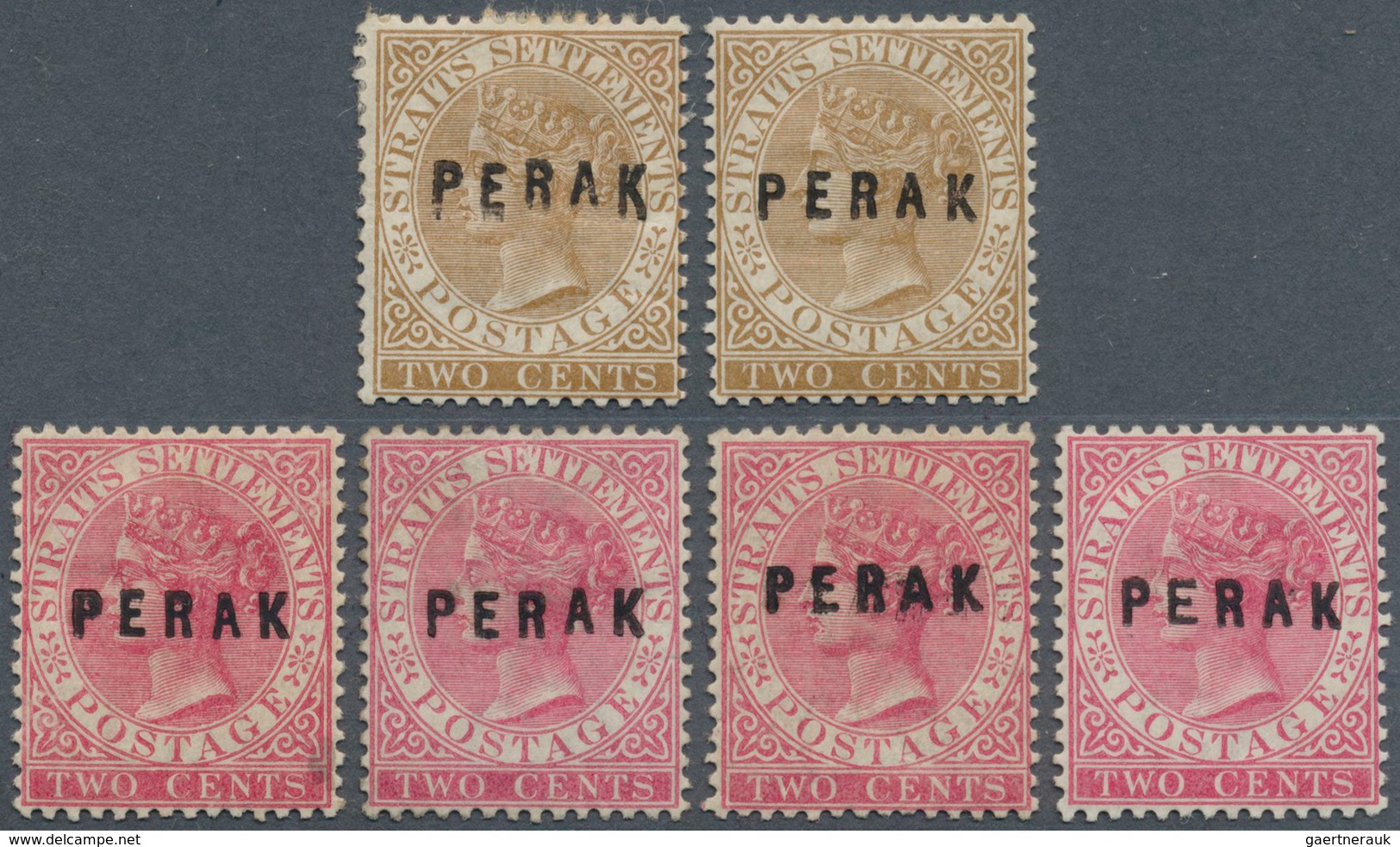 Malaiische Staaten - Perak: 1882-83 Six Stamps QV 2c., Wmk Crown CA, With The Four Different Types O - Perak