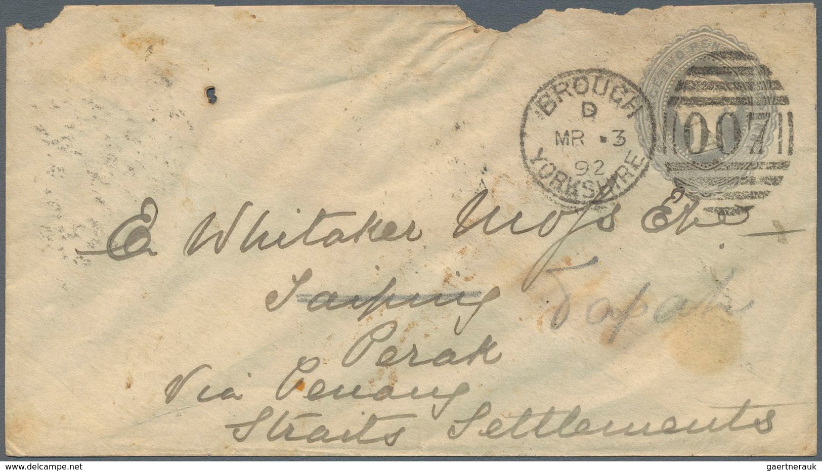 Malaiische Staaten - Perak: 1892, Incoming GB Stationery Envelope 2½d. Grey "BROUGH MR 2 92", Addres - Perak