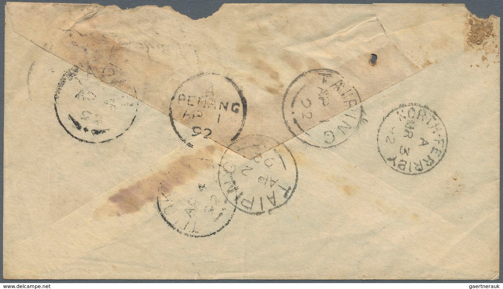 Malaiische Staaten - Perak: 1892, Incoming GB Stationery Envelope 2½d. Grey "BROUGH MR 2 92", Addres - Perak