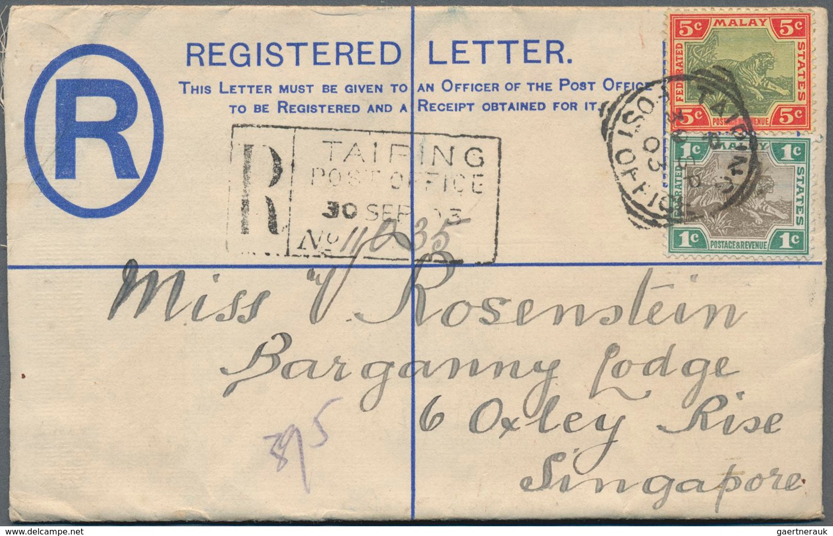 Malaiische Staaten - Perak: 1903: Two Postal Stationery Registered Envelopes Of Fed. Malay States 5c - Perak