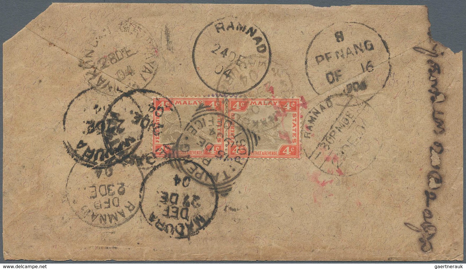 Malaiische Staaten - Perak: 1904, 4c. Grey/carmine, Horiz. Pair On Reverse Of Cover (faults) From "T - Perak