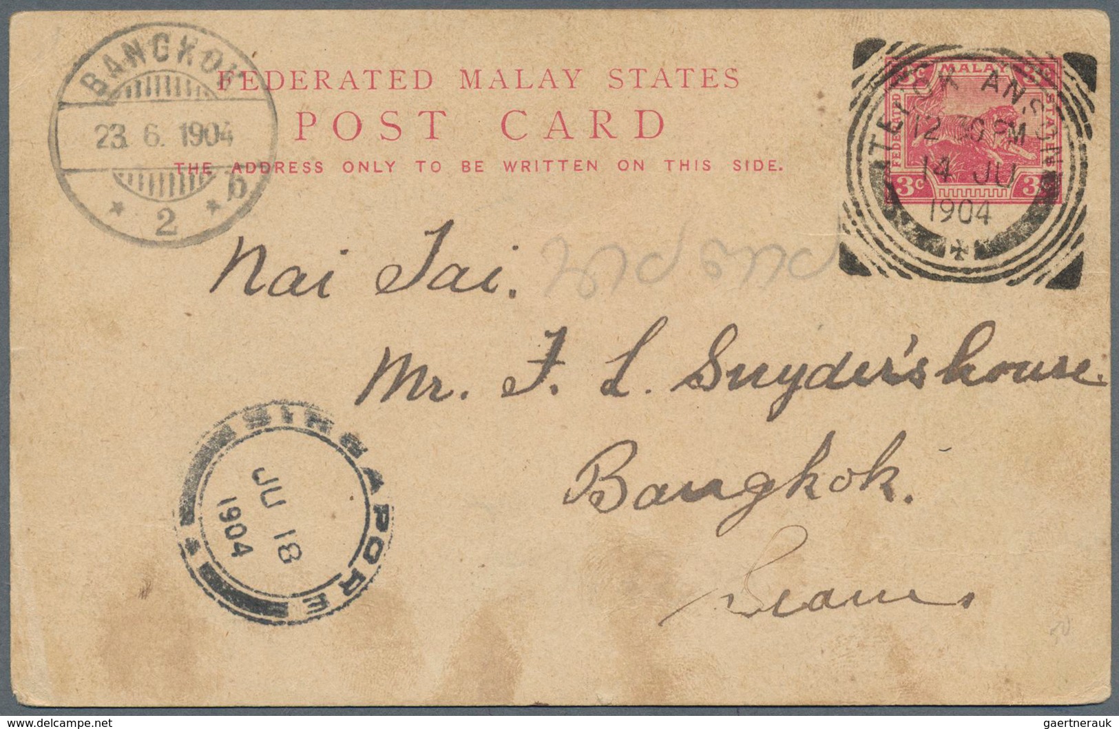 Malaiische Staaten - Perak: 1904 (14.6.), Federated Malay States Stat. Postcard Tiger 3c. Carmine Co - Perak