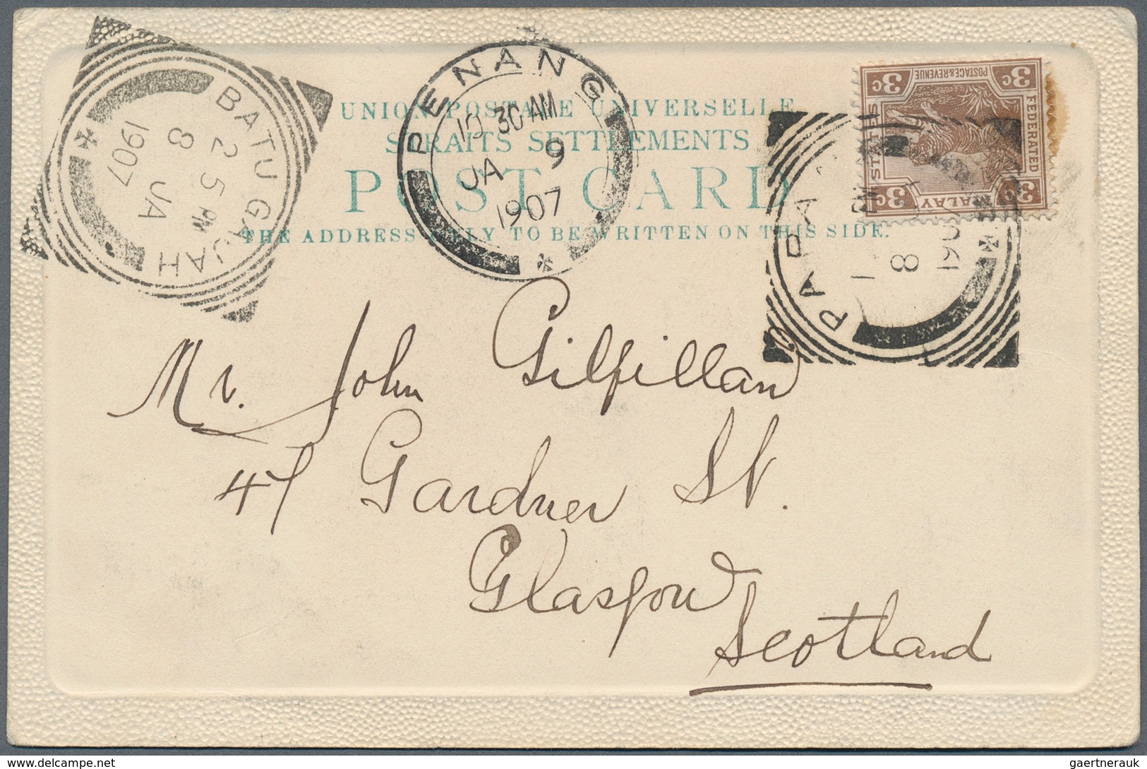 Malaiische Staaten - Perak: 1906/1912, PAPAN: FMS Tiger 3c. Scarlet Single Use On Reverse Of Cover W - Perak