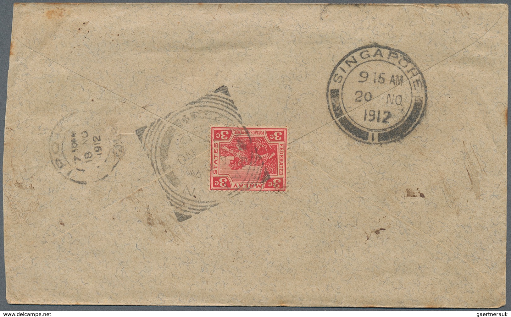 Malaiische Staaten - Perak: 1906/1912, PAPAN: FMS Tiger 3c. Scarlet Single Use On Reverse Of Cover W - Perak