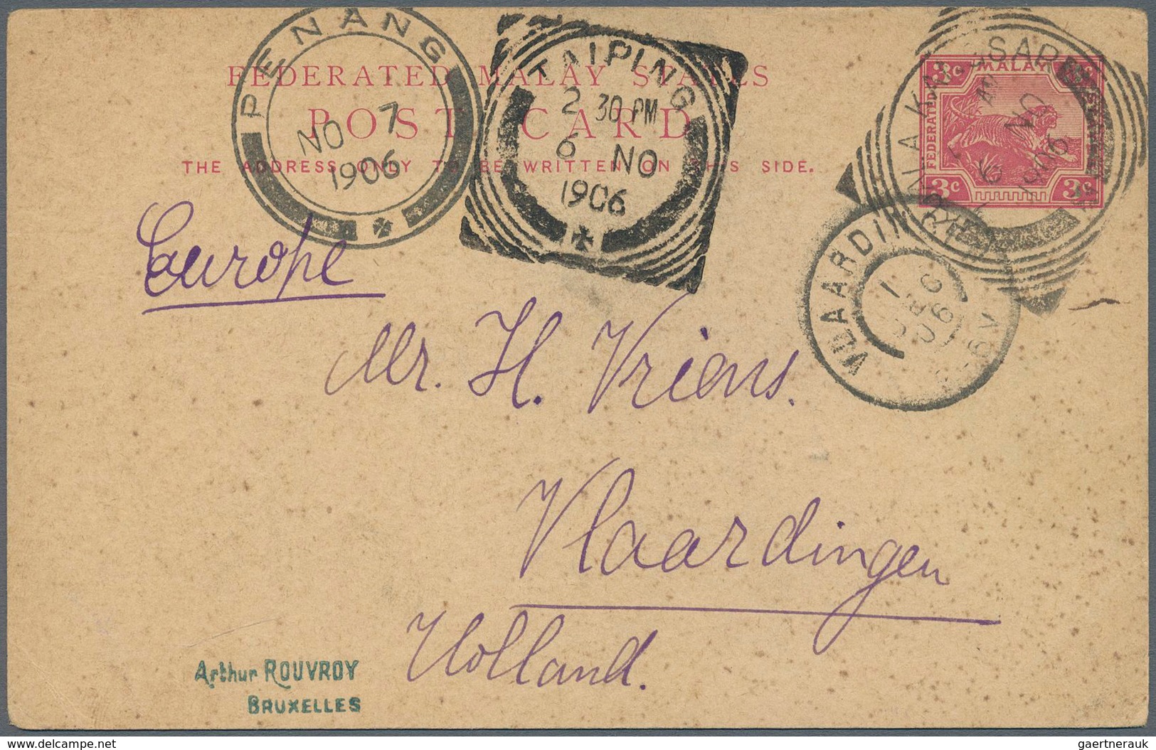 Malaiische Staaten - Perak: 1906, Stationery Card 3c. Carmine Used From "KUALA KANGSAR 6 NO 1906" To - Perak