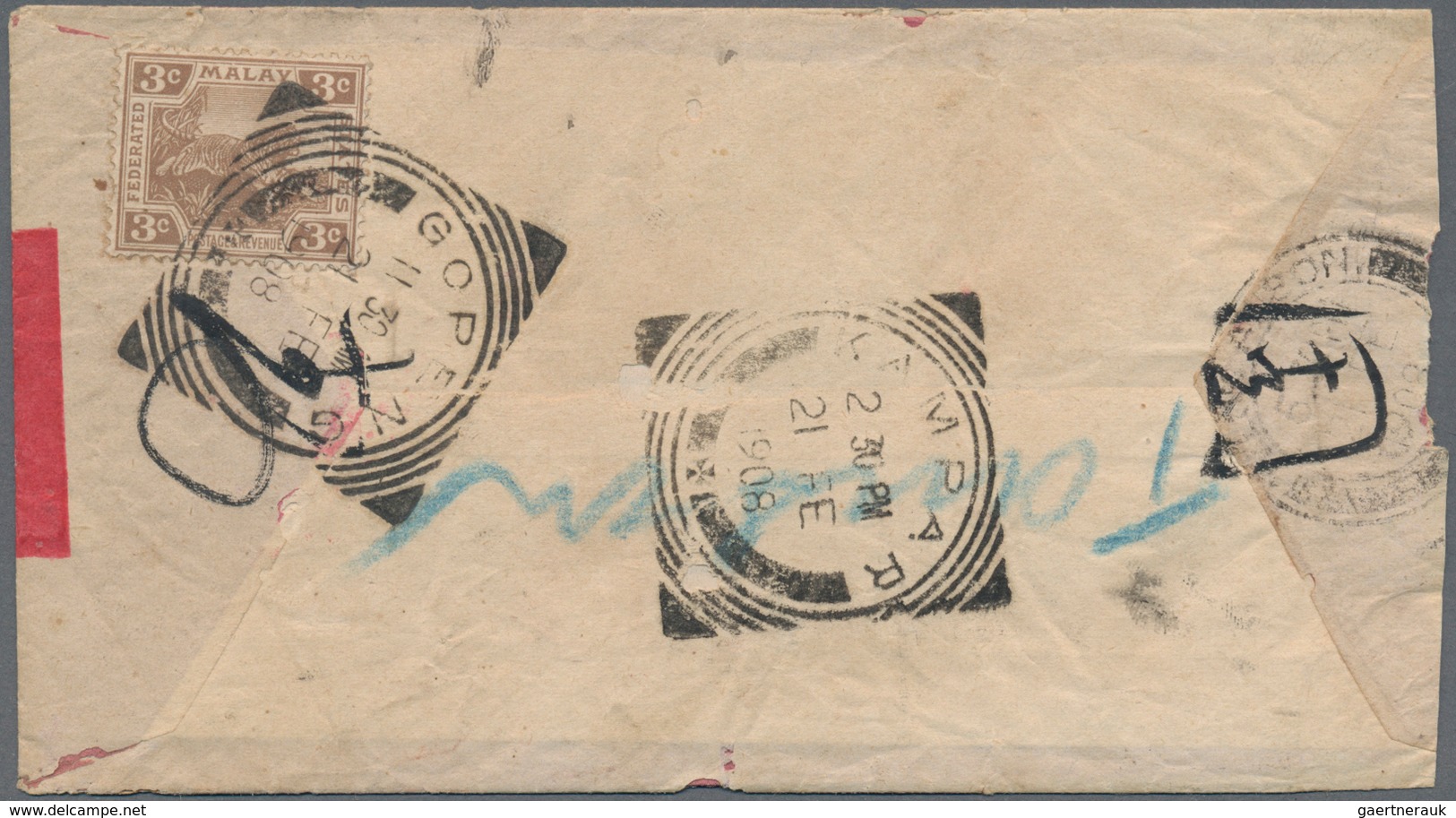 Malaiische Staaten - Perak: 1908, Redband Envelope Bearing 3 C Tiger On Back Tied By GOPENG Postmark - Perak