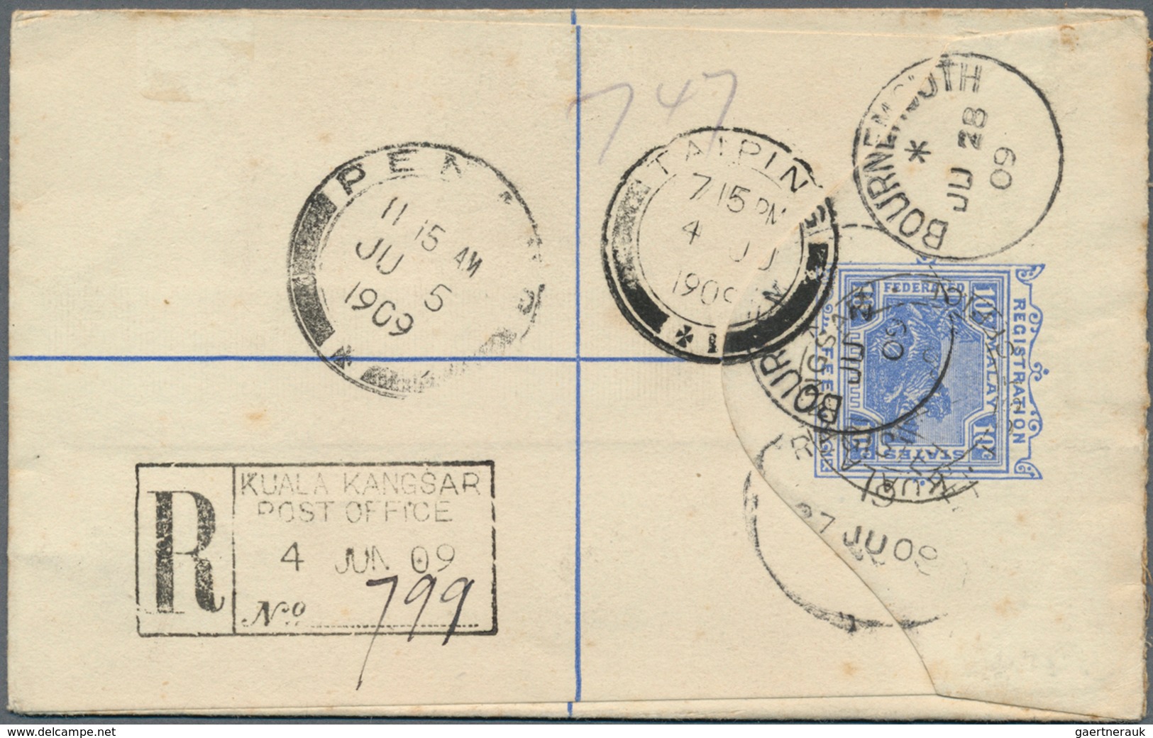 Malaiische Staaten - Perak: 1909, Registered Stationery Envelope Uprated By 4c. Grey/scarlet, Used F - Perak
